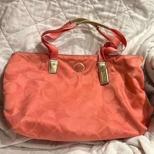 Coach Coral Pink Tote Bag Purse with Gold Details